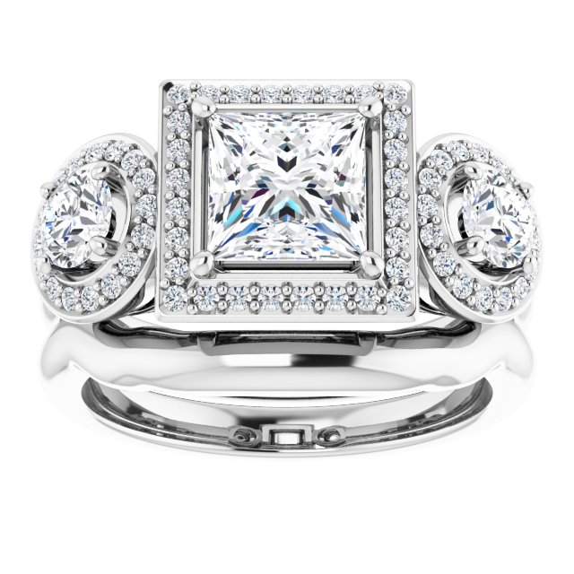 18K White 3-Stone Halo-Style Engagement Ring Mounting