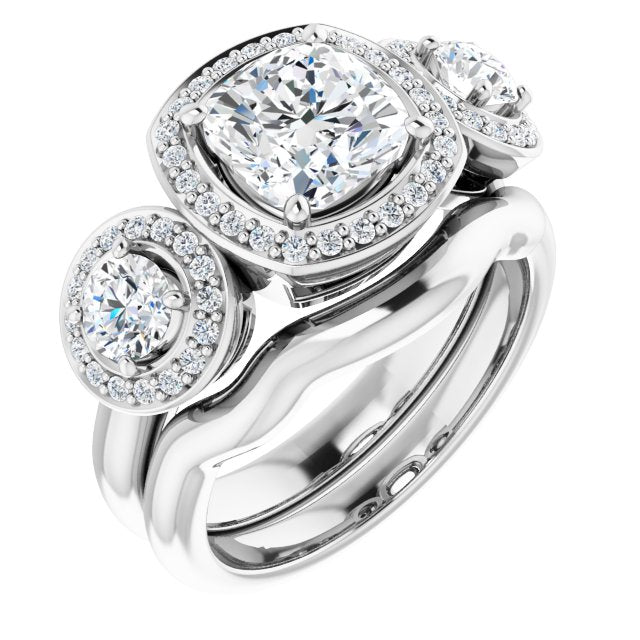 18K White 3-Stone Halo-Style Engagement Ring Mounting