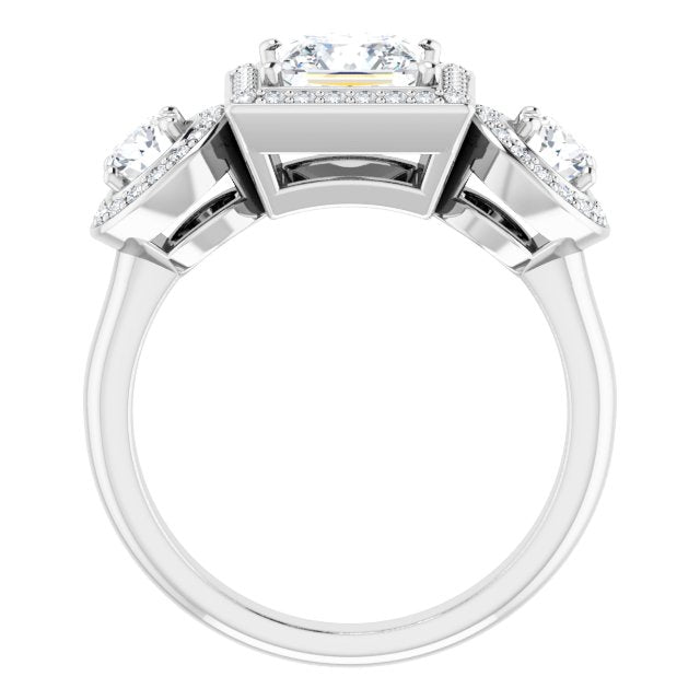 18K White 3-Stone Halo-Style Engagement Ring Mounting