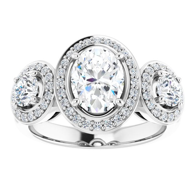 18K White 3-Stone Halo-Style Engagement Ring Mounting
