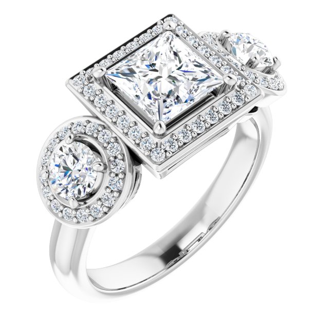 18K White 3-Stone Halo-Style Engagement Ring Mounting