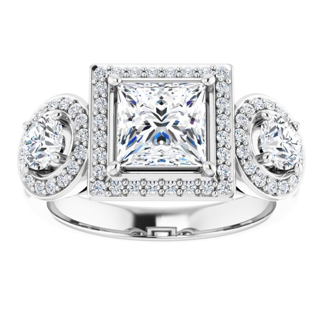 18K White 3-Stone Halo-Style Engagement Ring Mounting