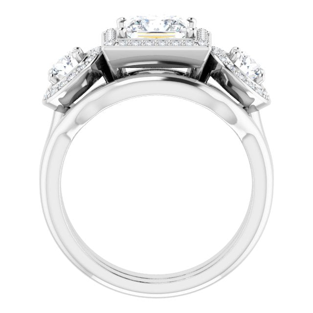 18K White 3-Stone Halo-Style Engagement Ring Mounting
