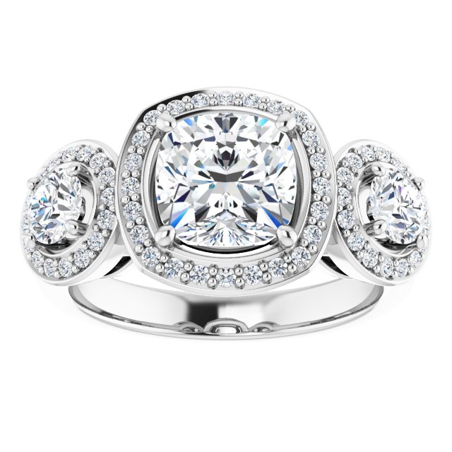 18K White 3-Stone Halo-Style Engagement Ring Mounting