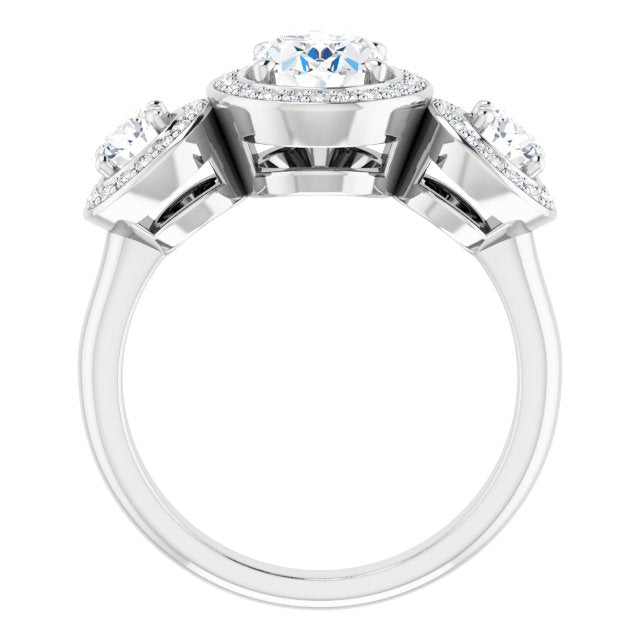 18K White 3-Stone Halo-Style Engagement Ring Mounting
