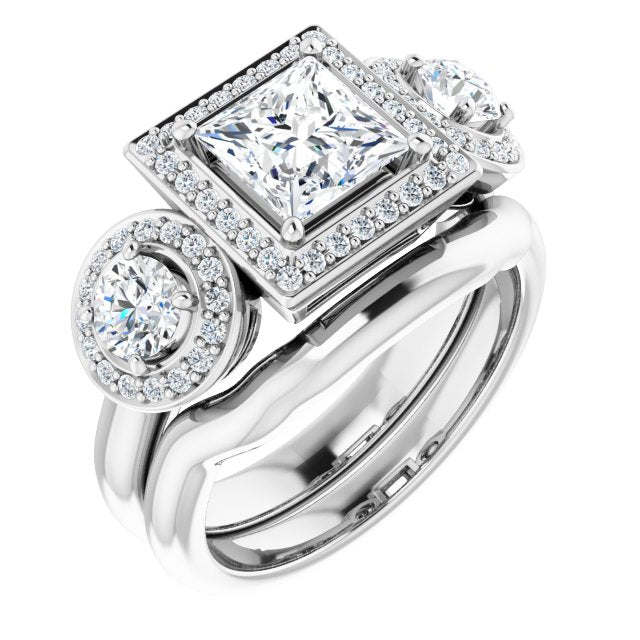 18K White 3-Stone Halo-Style Engagement Ring Mounting