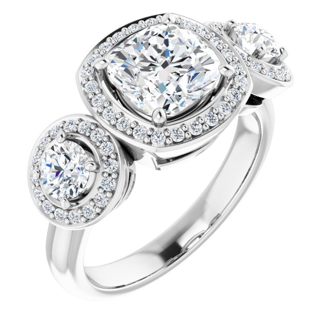 18K White 3-Stone Halo-Style Engagement Ring Mounting
