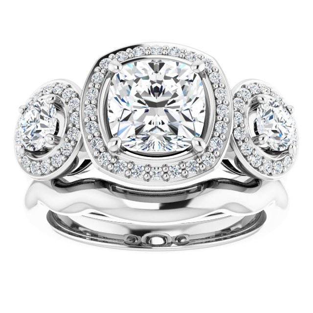 18K White 3-Stone Halo-Style Engagement Ring Mounting