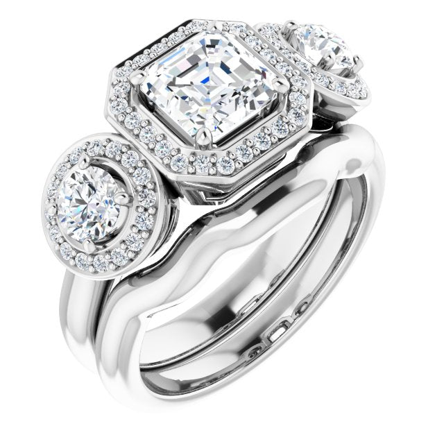 18K White 3-Stone Halo-Style Engagement Ring Mounting