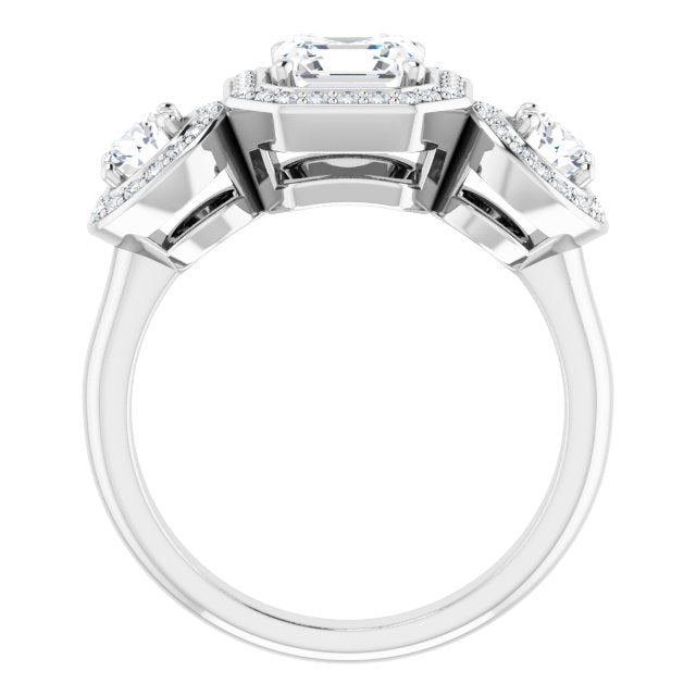 18K White 3-Stone Halo-Style Engagement Ring Mounting