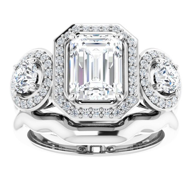 18K White 3-Stone Halo-Style Engagement Ring Mounting