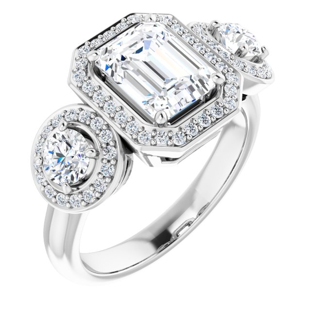 18K White 3-Stone Halo-Style Engagement Ring Mounting