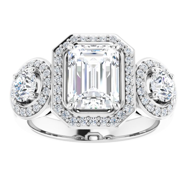 18K White 3-Stone Halo-Style Engagement Ring Mounting