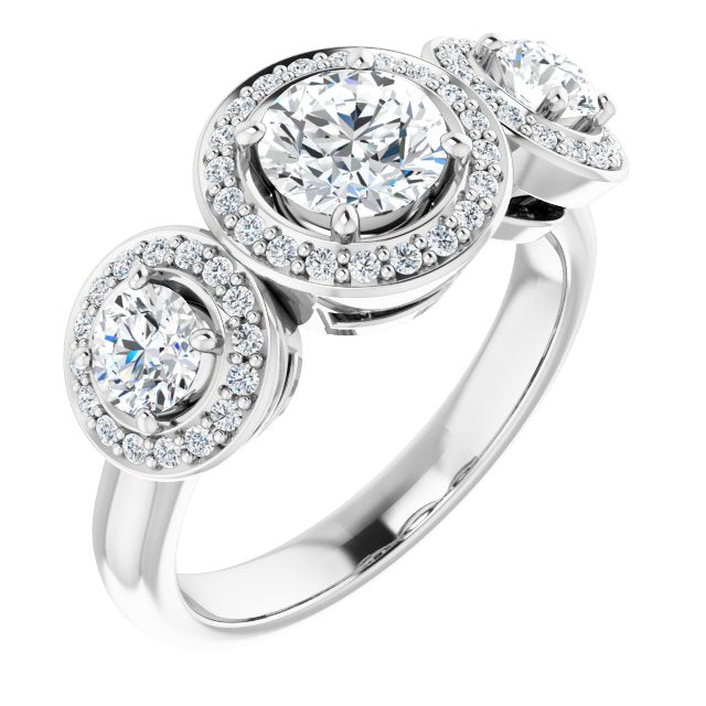 18K White 3-Stone Halo-Style Engagement Ring Mounting