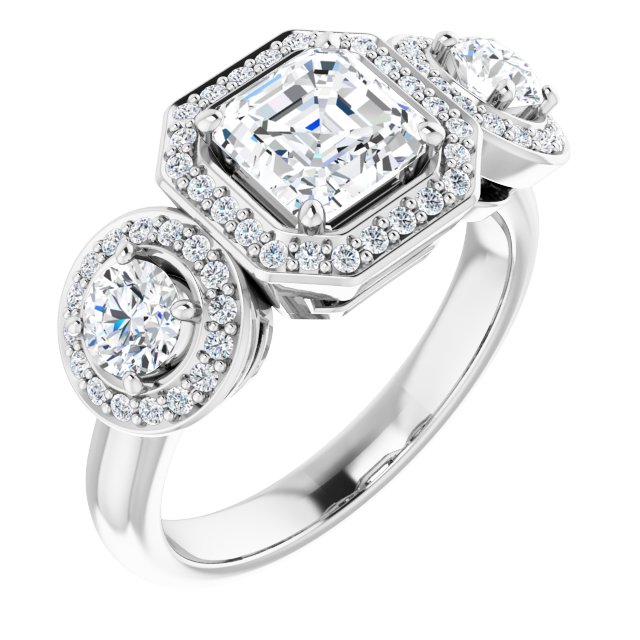 18K White 3-Stone Halo-Style Engagement Ring Mounting