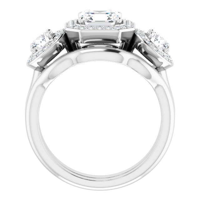 18K White 3-Stone Halo-Style Engagement Ring Mounting