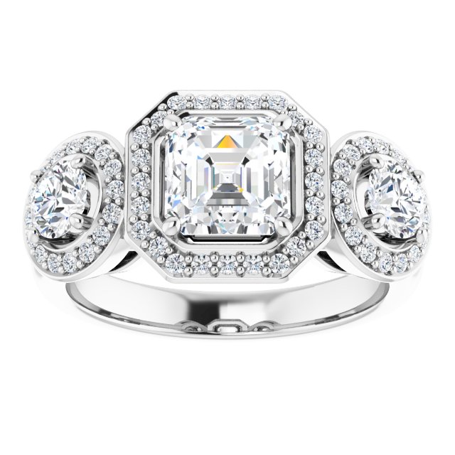 18K White 3-Stone Halo-Style Engagement Ring Mounting