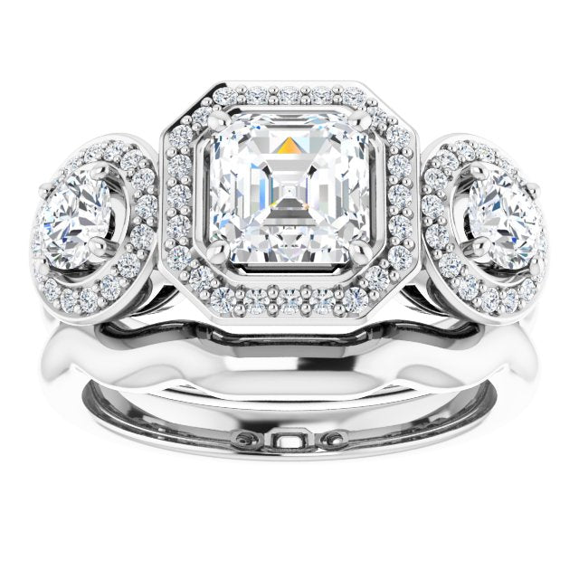 18K White 3-Stone Halo-Style Engagement Ring Mounting
