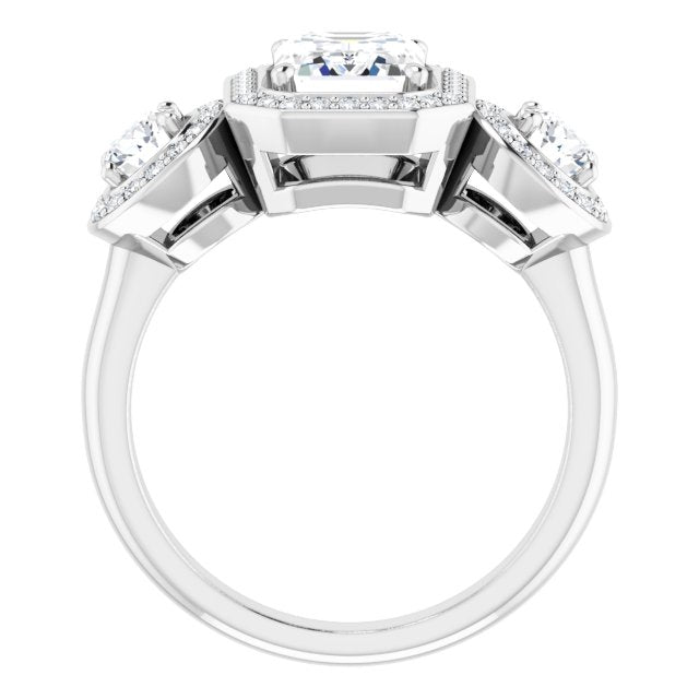 18K White 3-Stone Halo-Style Engagement Ring Mounting