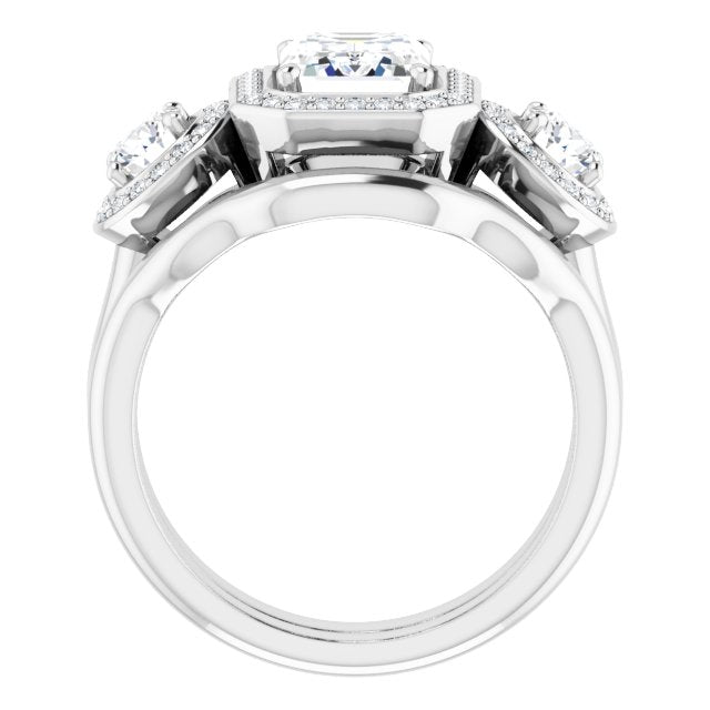 18K White 3-Stone Halo-Style Engagement Ring Mounting