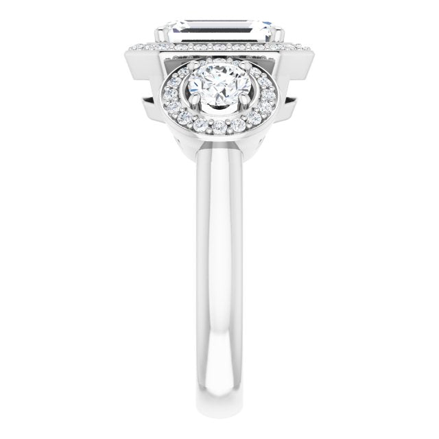 18K White 3-Stone Halo-Style Engagement Ring Mounting