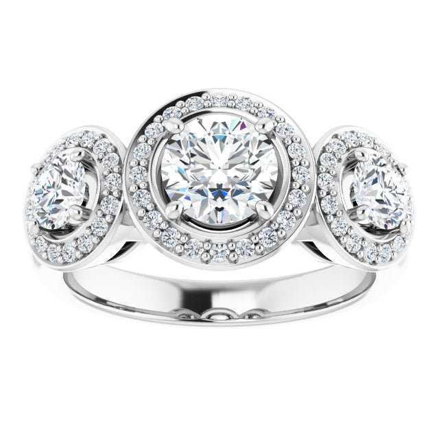 18K White 3-Stone Halo-Style Engagement Ring Mounting