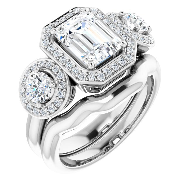 18K White 3-Stone Halo-Style Engagement Ring Mounting