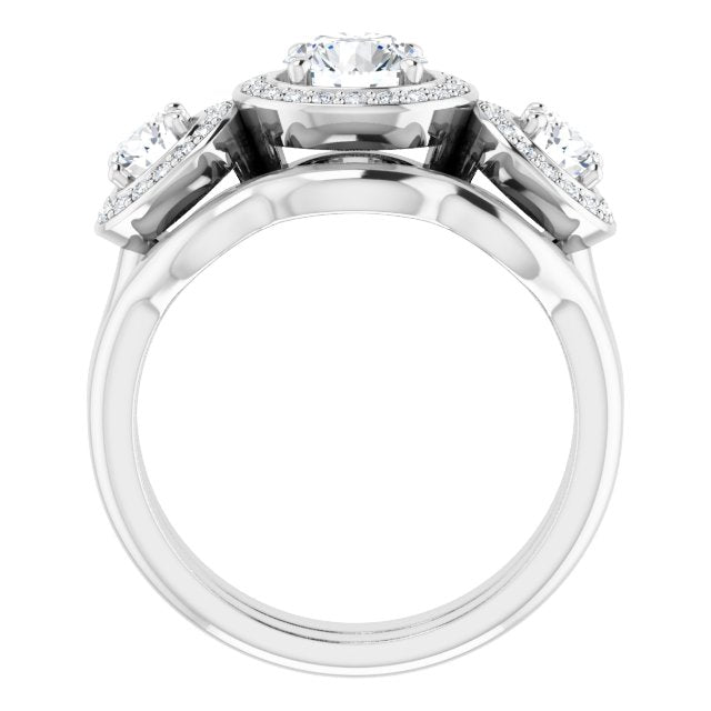18K White 3-Stone Halo-Style Engagement Ring Mounting