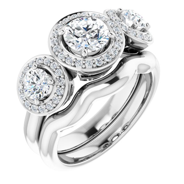 18K White 3-Stone Halo-Style Engagement Ring Mounting