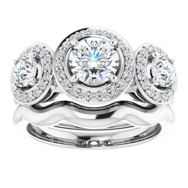 18K White 3-Stone Halo-Style Engagement Ring Mounting