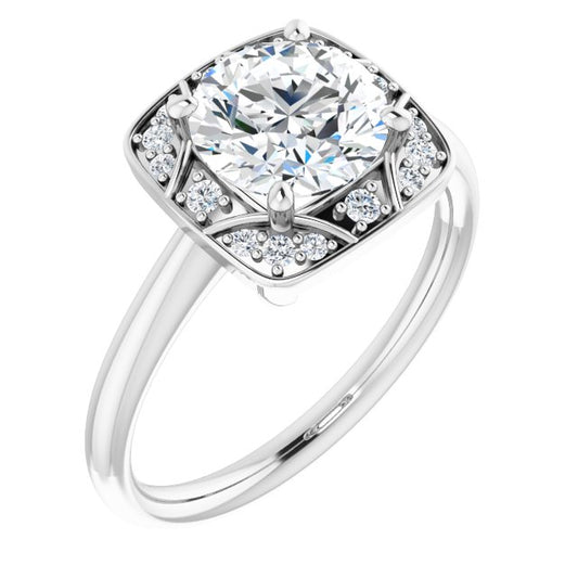 18K White Vintage-Inspired Halo-Style Engagement Ring Mounting