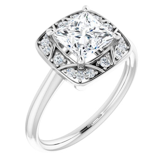 18K White Vintage-Inspired Halo-Style Engagement Ring Mounting